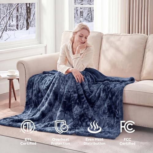 Image of Westinghouse Electric Heated Throw Blanket, Faux Fur with 6 Heating Levels & Auto Off, Soft Cozy Sherpa Washable Blanket (50 inch x 60 inch, Indigo)