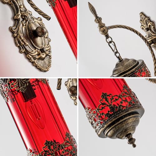 Image of Vintage Wall Sconce with Red Glass, Rustic Black Brushed Gold Farmhouse Wall Light Fixture, Antique Gothic Decorative Metal Wall Lamp for Hallway, Bedroom, Living Room, Entryway