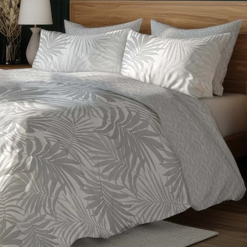 Image of LANE LINEN 400TC Morrison Bloom Super King Size Bedsheet with 4 Pillow Cases | 100% Cotton Digital Print Bedding Set (2.74 M x 2.74 M) | Modern Floral Pattern for Luxurious Comfort (Grey Leafs)