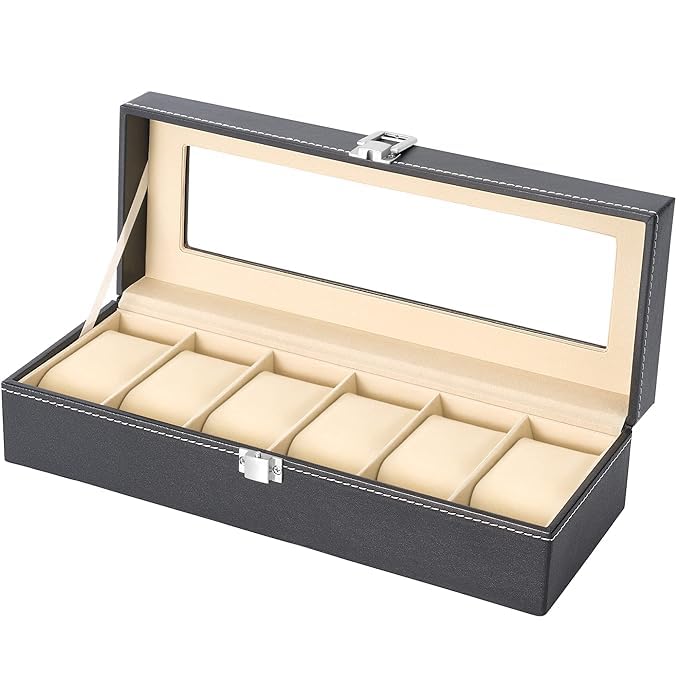 KRISHTI 6 Slot PU Leather Watch Box Display Case Jewelry Organizer with Glass Top (B0CVLC6W9J) Amazon Price History, Amazon Price Tracker