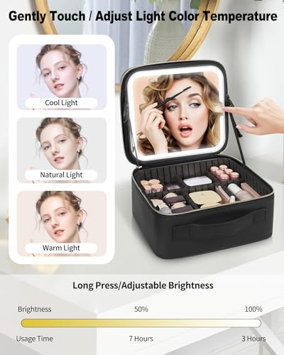 Makeup Bag With LED Mirror, Travel Makeup Case with Light up Mirror Large Cosmetic Case with 3 Color Lighted Portable Organizer Bag with Adjustable Dividers（Black）3