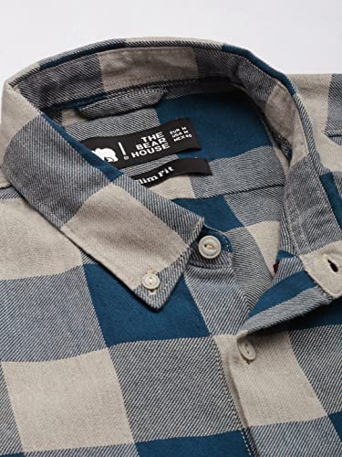 Image of THE BEAR HOUSE Men's Cotton Teal Blue Pure Cotton Checked Slim Fit Flannel Shirt | 3XL |TBH-JUUL-TL-3XL |