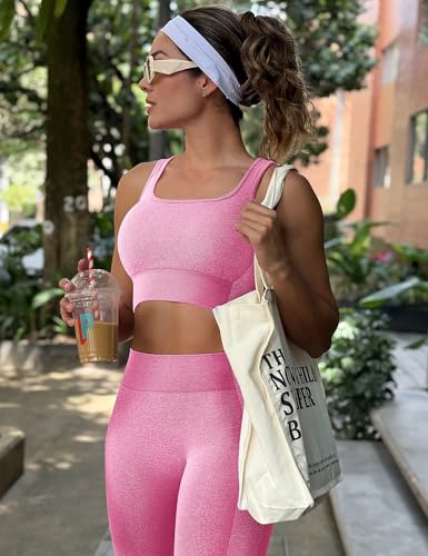 Image of OLCHEE Womens Workout Sets 2 Piece Seamless Square Neck Sports Bra Padded Butt Lifting Leggings High Waist Yoga Gym Outfits