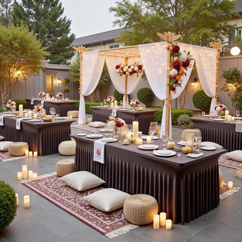 Image of NSSONBEN 2 pk Brown Spandex Tablecloth for 6 Foot Rectangle Tables,Wrinkle Free Fitted Spandex Table Covers 6ft Coffe Stretch Table Cloths with Ruffle Skirt for Parties Weddings Banquet Baby Shower