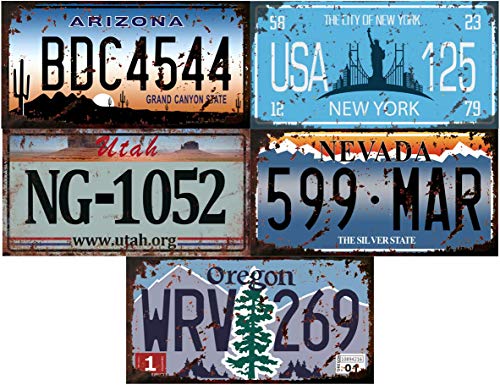 Opiniones de Placas para comprar hoy. 48 - Juego de 5 placas de matrícula de coche de Estados Unidos en metal, con efecto envejecido, réplicas de placas reales americanas (Old1)