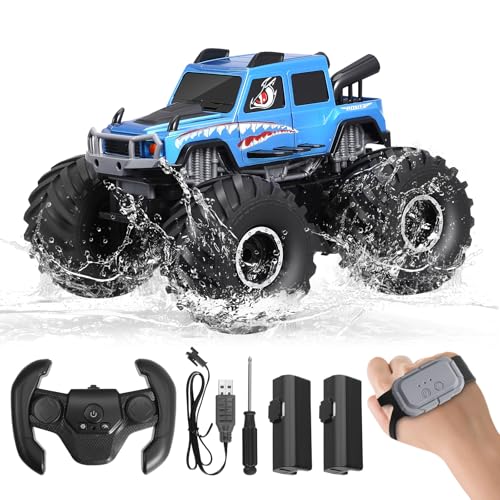 VIHBRAI Coche teledirigido anfibio teledirigido de 2,4 GHz 4WD con control dual mediante control de gestos de reloj y controlador, 360° giratorio de barandilla, coche todoterreno, regalo de juguete