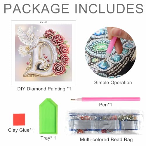 Image of AiYuanzsh 5D DIY Diamond Art Kits for Adults, Decorative Rose Dove Letter D Special Shape Diamond Painting, Floral Letter Diamond Art Crafts for Elegant Wall Display 17x17cm