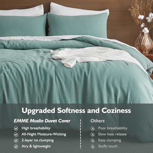 Image of EMME Muslin Cotton Duvet Cover Set Teal Twin Size Linen Like Soft Breathable Lightweight Summer Comforter Cover Set with Zipper Closure (Teal, Twin, 68 inchx90 inch)
