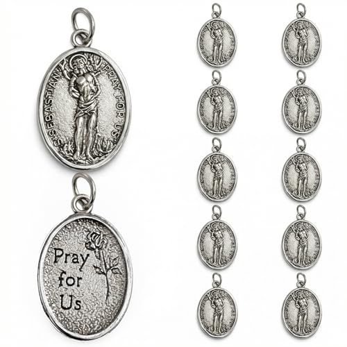 Rlcvecv 10 Pcs St Sebastian Medal Saint Sebastian Metal Pendant for Athletes Necklace Bracelet Keychain Rosary Pray For Us Religious Medals Catholic