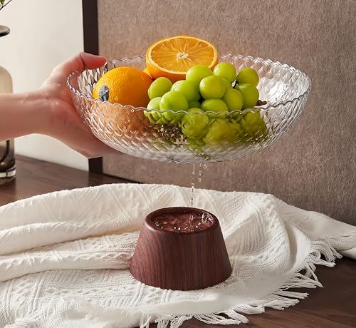 Uwenkjie Frutero, cuenco de base decorativa de imitación de grano de madera, bandeja de frutas con soporte alto, apto para pan de cocina, aperitivos, frutas, etc. Transparente