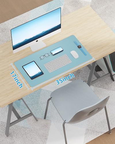 Image of AFIING Leather Desk Pad Protector,Mouse Pad,Office Desk Mat, Non-Slip PU Leather Desk Blotter,Large Desk mat,Waterproof Keyboard mat for Office /Home /Decor (Light Blue,35 inch inch x 17 inch inch)