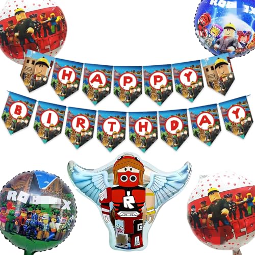 6Pcs Roblo-x Party Supplies Include Happy Birthday Banner Foil Balloons For Birthday Roblo-x Party Decoration