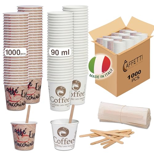 Caffetti 1000 Bicchierini Caffè + 1000 Palettine - Bicchieri 90 ml 3 oz in Carta Made in Italy, Palette in Legno di Betulla Riciclabili, per Ristoranti, Ufficio, Asporto, Bar, Espresso