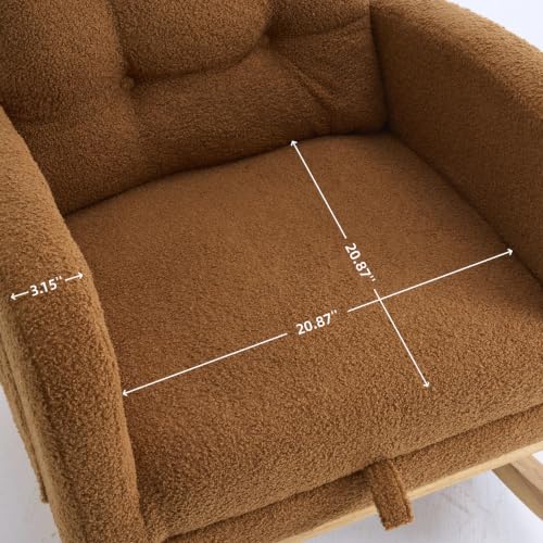 Image of Nursery Rocking Chair with Foot Rest, Teddy Upholstered Glider Chair with Side Pocket, Comfy Rocker Accent Armchair, Modern High Back Rocking Chairs for Living Room, Bedroom, Caramel