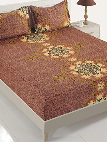Image of Swayam Mercerized Pure Cotton Single Bedsheet with 1 Pillow Cover | Size 60 x 90 inch | 250 TC | Ethnic Motifs Design | Soft Breathable Bed Sheet | Comfortable & Durable for Bedroom - Brown