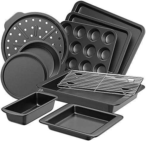 HONGBAKE Bakeware Sets, Baking Pans Set, Nonstick Oven Pan for Kitchen with Wider Grips, 10-Pieces Including Rack, Cookie Sheet, Cake Pans, Loaf Pan, Muffin Pan, Pizza Pan - Grey