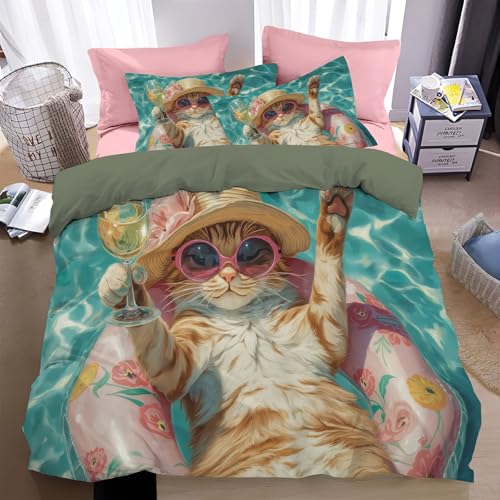 Azul Verdoso Funda Nordica Cama 80/90 2 Piezas Estampado Gato Vacaciones con Estilo Hawaiano Juego De Funda Nordica 135 X 200 Cm Y 1 X Fundas De Almohada 50X75 para Ropa Cama Infantil Niño Chico Niña
