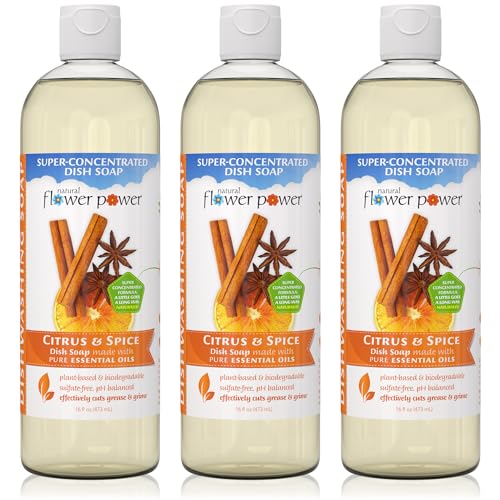 Image of Natural Flower Power Liquid Dish Soap - Citrus & Spice - Plant-Based & Scented w / Pure Essential Oils - Natural Liquid Dishwashing Detergent - Sulfate-Free Kitchen Soap - Vegan (16 Fl Oz 3 Pack)