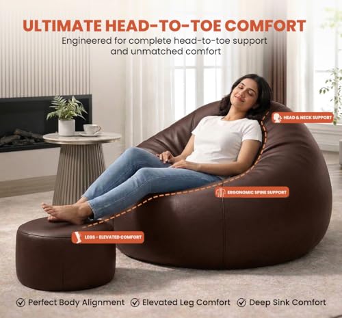 Image of Sattva Classic 2XL Bean Bag Chair with Beans Filled | Faux Leather Sofa Style Beanbags Combo with Footstool & Cushion | Bin Bags Sofa & Beam Bag for Adults, Home & Office (Pre-Filled) - Dark Brown