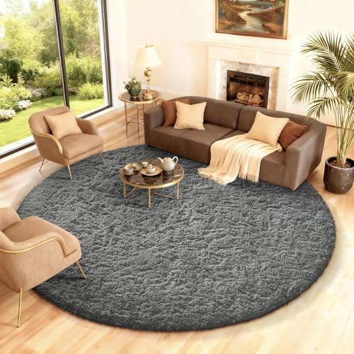 Ophanie Round Rug 8Ft Grey Circle Area Rugs, Large Fluffy
