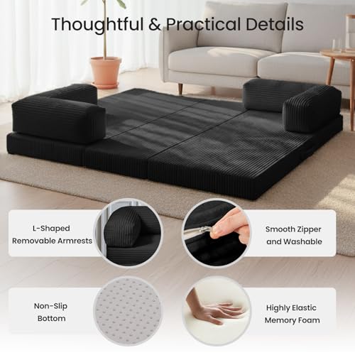 Image of Tri-Fold Foldable Mattress, Convertible Folding Sofa Bed with Removable Arms & Washable Cover, All-in-One Portable Mattress Floor Sofa Bed, No Assembly Required & Non-Slip, Full Size, Black
