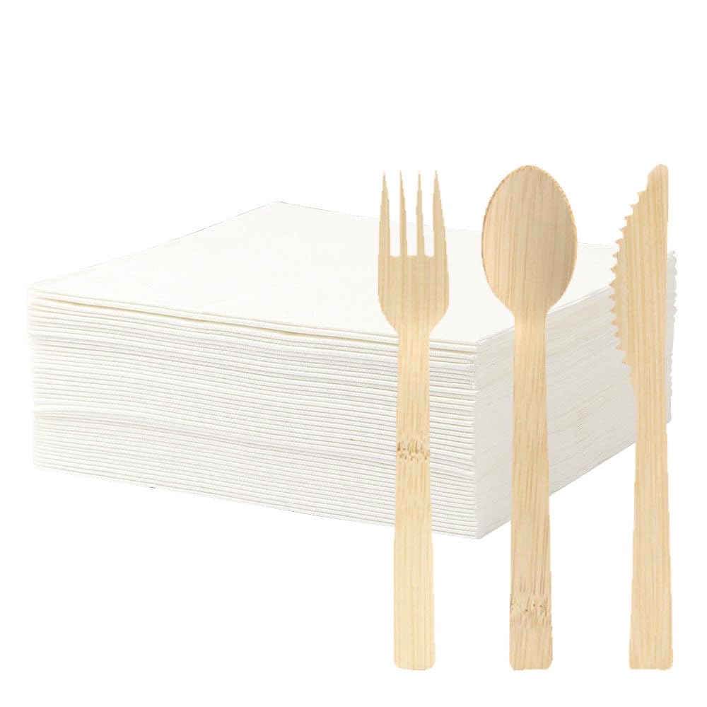 Set de couverts en bambou avec serviettes pré-roulées – Lot de 20 (6,7 pouces, 20 fourchettes, 20 cuillères, 20 couteaux, 20 serviettes) Couverts compostables, couverts jetables emballés