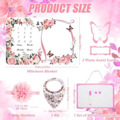 Image of Milestone Blanket for Baby Girl (Pink 60x40 Inches), with Photo Aid Frame, Saliva Towel, Erasable Writing Board, Hair Band, Documenting Growth。