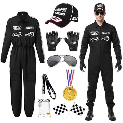 COYBTO Rennfahrer Kostüm Herren Kostüm für Erwachsene Rennfahrer Overall Accessoires mit Handschuhen Sonnenbrille Hut Elastic Cuffs Racer Cosplay für Herren Halloween Karneval Party (Schwarz XL)