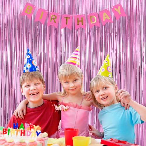 Image of Pink Party Decorations Backdrop Curtains 2Pack - 3.3x8.2FT Pink Backdrop Photo Booth Props Fringe Curtains - Hot Pink Birthday Decorations Streamers Barbie Party Decorations Princess Backdrop