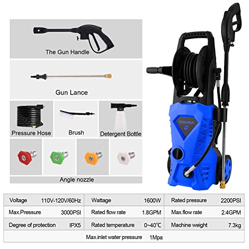 WHOLESUN 3000PSI Electric Pressure Washer 2.4GPM 1600W Power Washer with Hose Reel and Brush Blue