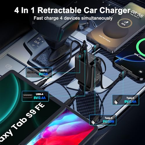 4 in 1 Zigarettenanzünder USB C, Einziehbares Auto Ladegerät 12V USB Adapter Kfz Schnellladegerät mit Typ C Ladekabel für iPhone 17 Pro 16 15, Samsung Galaxy S25 S24 S23 S22 A56 5G A55 A36 A26 A17 A16 – Bild 4