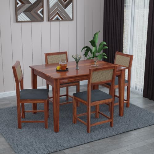Image of DRIFTINGWOOD Amber Solid Sheesham Wood 4 Seater Dining Table Set with Rattan Back Chairs | Grey Velvet Cushioned Seating for Home & Dining Room (Honey Finish, DIY)