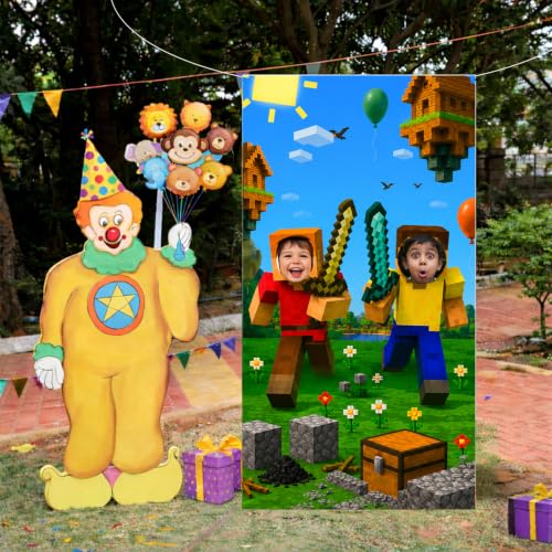 Image of IndoTribe Video Game Birthday Decorations Face in The Hole Backdrop for Photos 6x3ft Face Cutout Photo Booth Props for Gamer Birthday Party Decorations Door Prop Photo Booth Fabric Backdrop