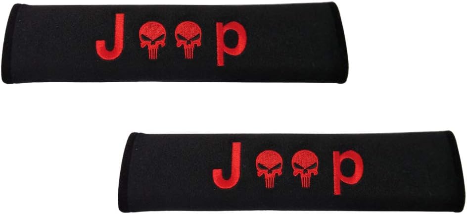 Comfortt 2pcs Jeep Red Stitching The Punisher Skull Skeleton Seat Belt Shoulder Pads Cover Strap Cushion Compatible Fit for Jeep Grand Cherokee Wrangler Renegade Compass