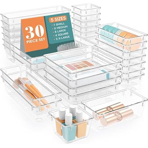 WOWBOX 30 PCS Clear Plastic Drawer Organizer Set, 5 Sizes Desk Drawer Divider Organizers and Storage Bins for Makeup, Jewelry, Gadgets for Kitchen, Bedroom, Bathroom, Office Cover