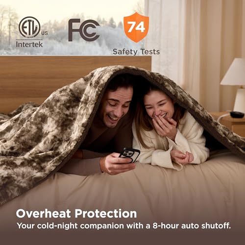 Image of Bedsure Faux Fur Electric Blanket Queen Size, Dual Control Heated Blanket Queen, Fast Heating Blanket with 10 Heating Levels & 10 Time Settings, Cozy Gifts for Women Men (84x90 inches, Brown)