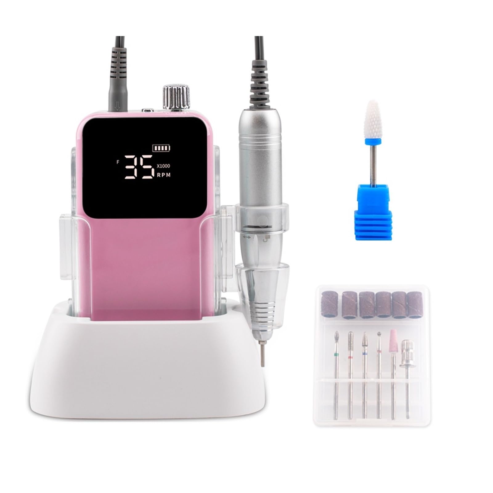 Torno de Uñas Eléctrico, Taladro profesional for uñas, Base de escritorio recargable, 35000RPM, máquina eléctrica for manicura, lima de uñas, pedicura, perforación inalámbrica(Pink)