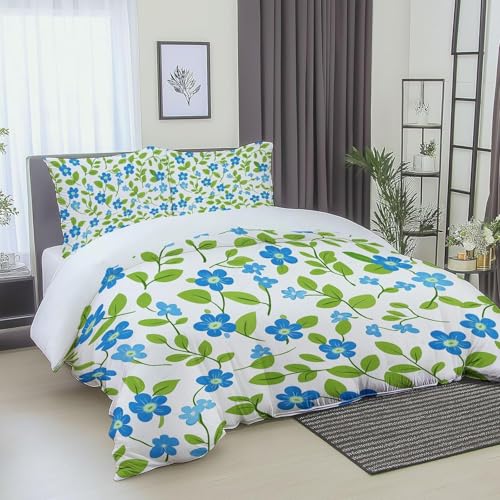 Funda Nordica Cama 90 Flores Azules 3D Impresión Funda Edredon 140x200 Planta Microfibra Suave Transpirable Reversible Ropa de Cama Set de 2 Piezas y 1 Funda de Almohada 80x80 cm bb962