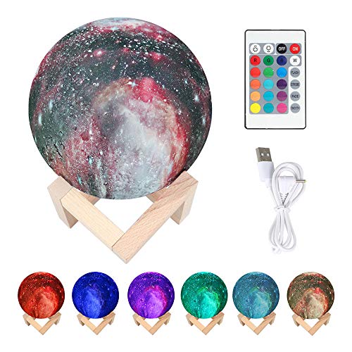 Lámpara de la luna Impresión en 3D del cielo estrellado Luz de la luna con soporte de madera, carga USB 16 Cambio de color Control táctil Lámpara de escritorio para niños (5.9 