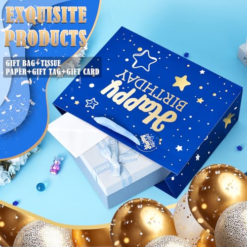 Image of 13 inch Blue Happy Birthday Gift Bag with Tissue Paper and Greeting Card | Happy Birthday Gift Bag for Men Women,Gift Bags Medium size(1 PCS Blue Hot Stamping)