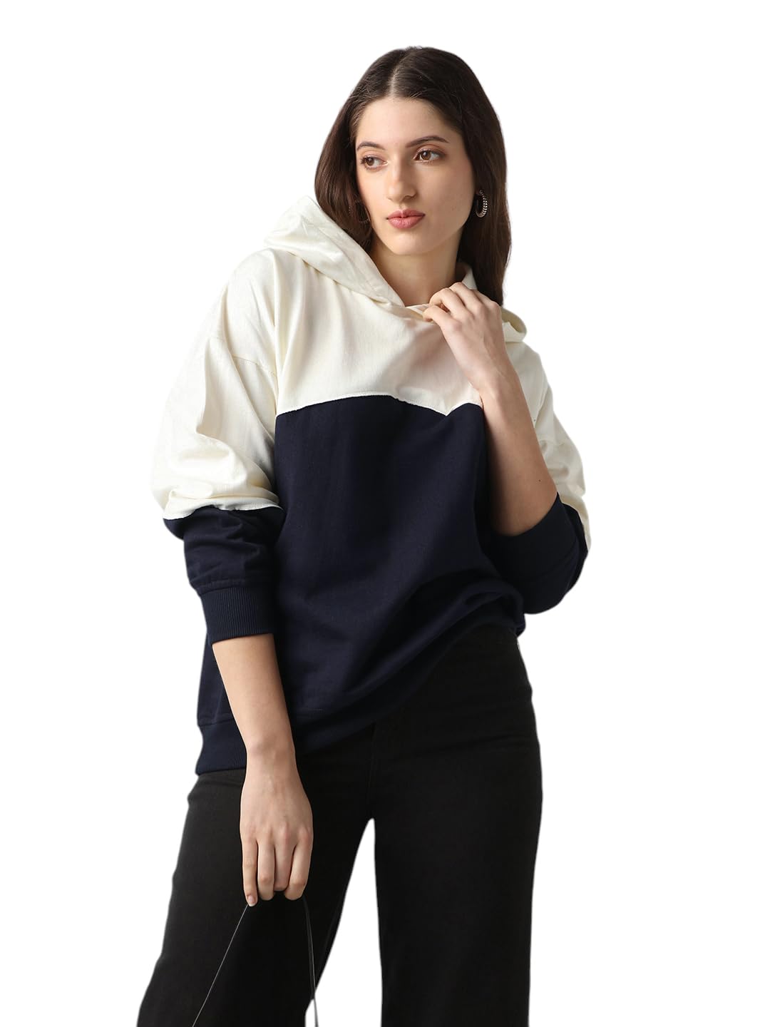 globus Women Colorblock Drop Shoulder Sleeves Ribbed Hem Hooded Oversized Sweatshirt-picture-19