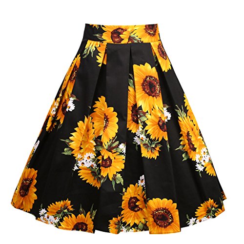 Girstunm Women s Pleated Vintage Skirt Floral Print A-line Midi Skirts with Pockets Sun-Flowers L