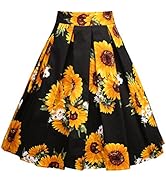 Girstunm Women's Pleated Vintage Skirt Floral Print A-line Midi Skirts with Pockets
