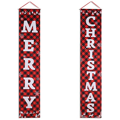 Porch Christmas Decorations, Merry Christmas Banner, Christmas Porch Sign - Large Christmas Front Door Decorations Outdoor, Red Plaid Christmas Decor Outside, Christmas Yard Signs - 71â€x14â€