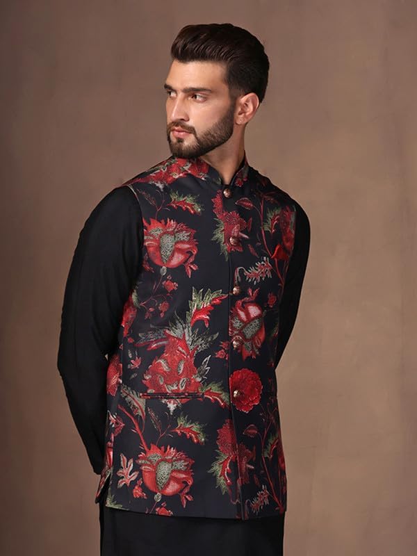 Image of KISAH Men's Cotton Blend Printed Nehru Jacket | Ethnic Waistcoat Wedding Festive