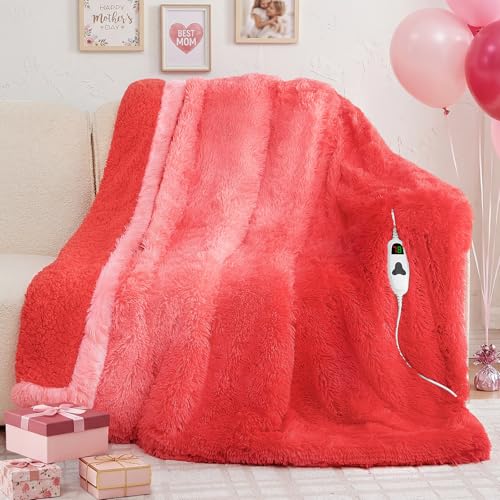 RUJIPO Heated Electric Blanket Throw,Warm Winter Birthday Gifts for Women Her Grandma-Faux Fur with Soft Sherpa,10 Heat Settings,5 Time Settings with Fast Heating, 50x60, Ruby Wine