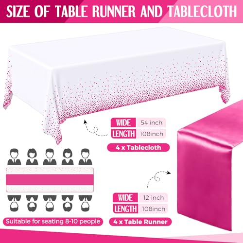 Image of Breling 8 Pack White and Hot Pink Disposable Plastic Tablecloths and Satin Table Runner Set, 54 x 108 Inch Tablecloth, 12 x 108 Inch Table Runners for Birthday Baby Shower Wedding Graduation