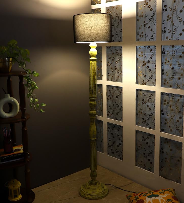 Image of tu casa Mango Wooden Floor Lamps with Black Shade for Home Decor, Bedrooms Corner, Living Room, Gifting, Diwali Decoration, Hall, Office, Study Room (Height: - 56 inch) - Bulb not Included