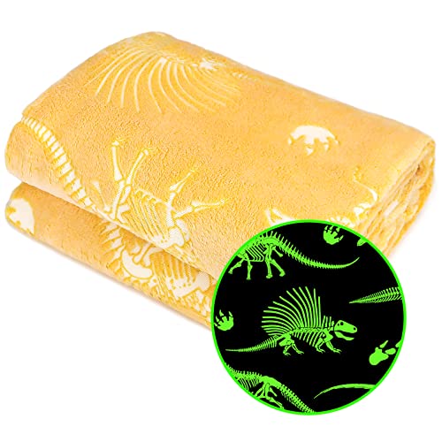 Image of Gitrat Glow in The Dark Blanket Dinosaur Throw Blanket for Boys Kids Cute Dino Blanket Unique Christmas Toys Gifts Gray Glowing Dinosaur Room Decor Blankets for Girls Teens