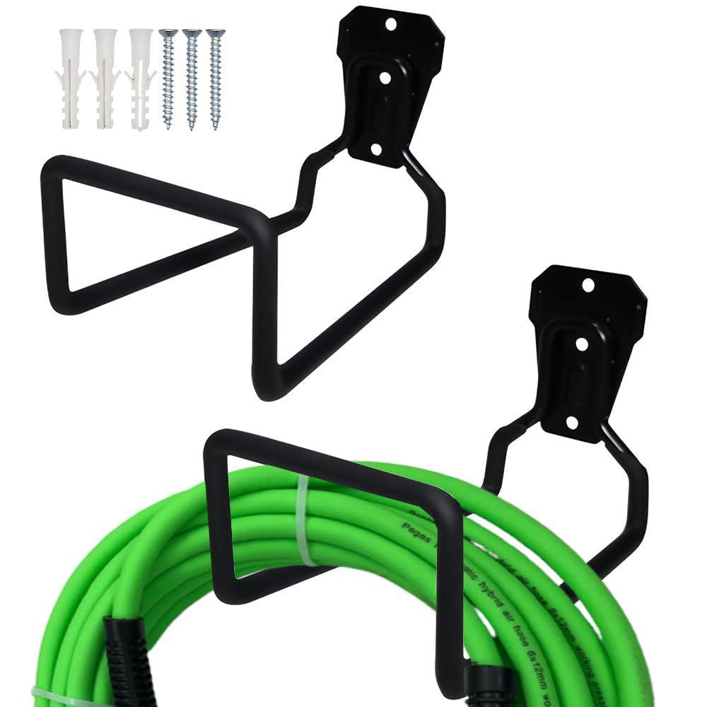 2PCS Metal Garden Hose Holder, 19 x 12cm Heavy Duty Hose Pipe Hanger, Wall Mounted Water Hose Holder, Garage Hose Hook Storage with Fittings for Water Hose Extension Cords, Black
